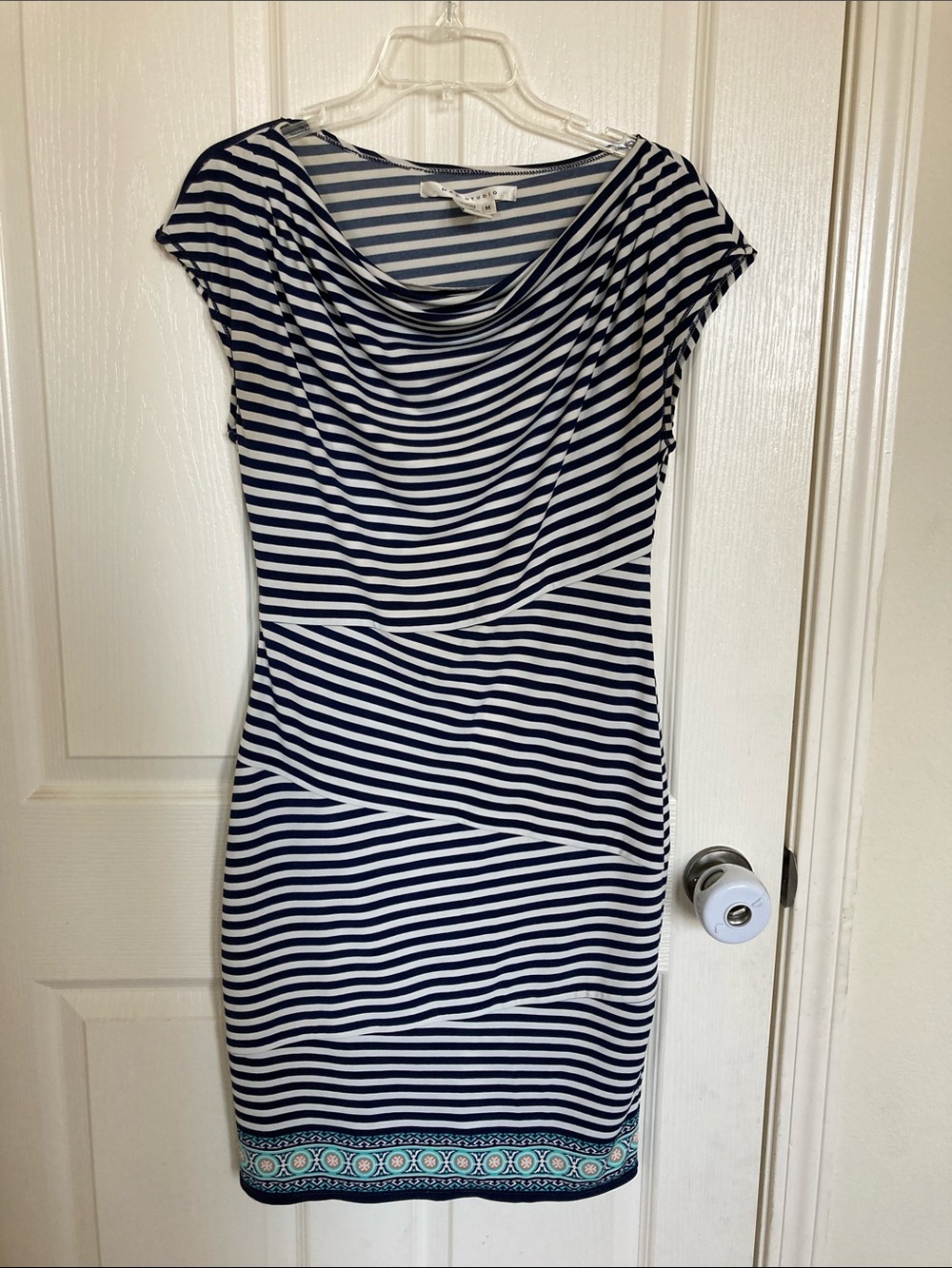 Max Studio Navy and White Striped Cowl Neck Dress
